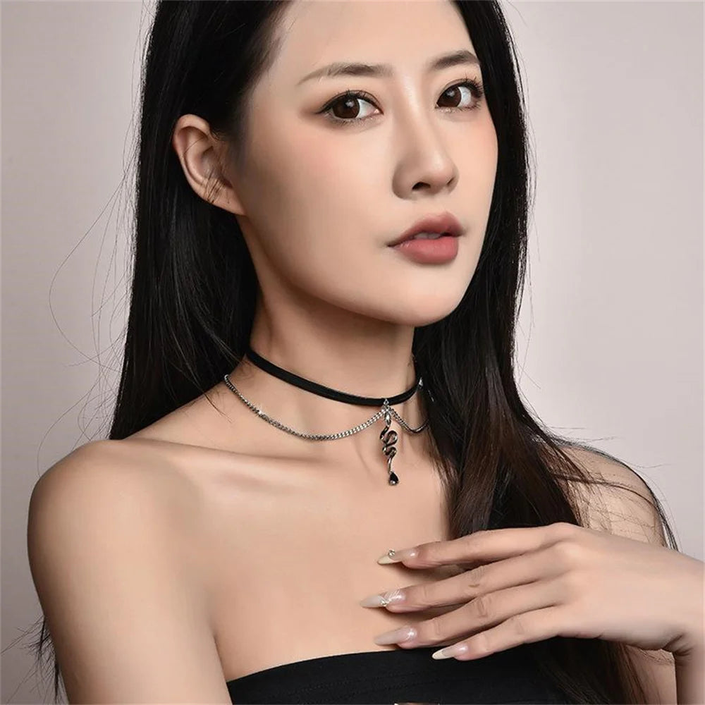 BXOXO Gothic PU Leather Choker Vintage Layered Clavicle Chain Necklace For Women Rock Snake Water Drop Acrylic Crystal Pendant Collar