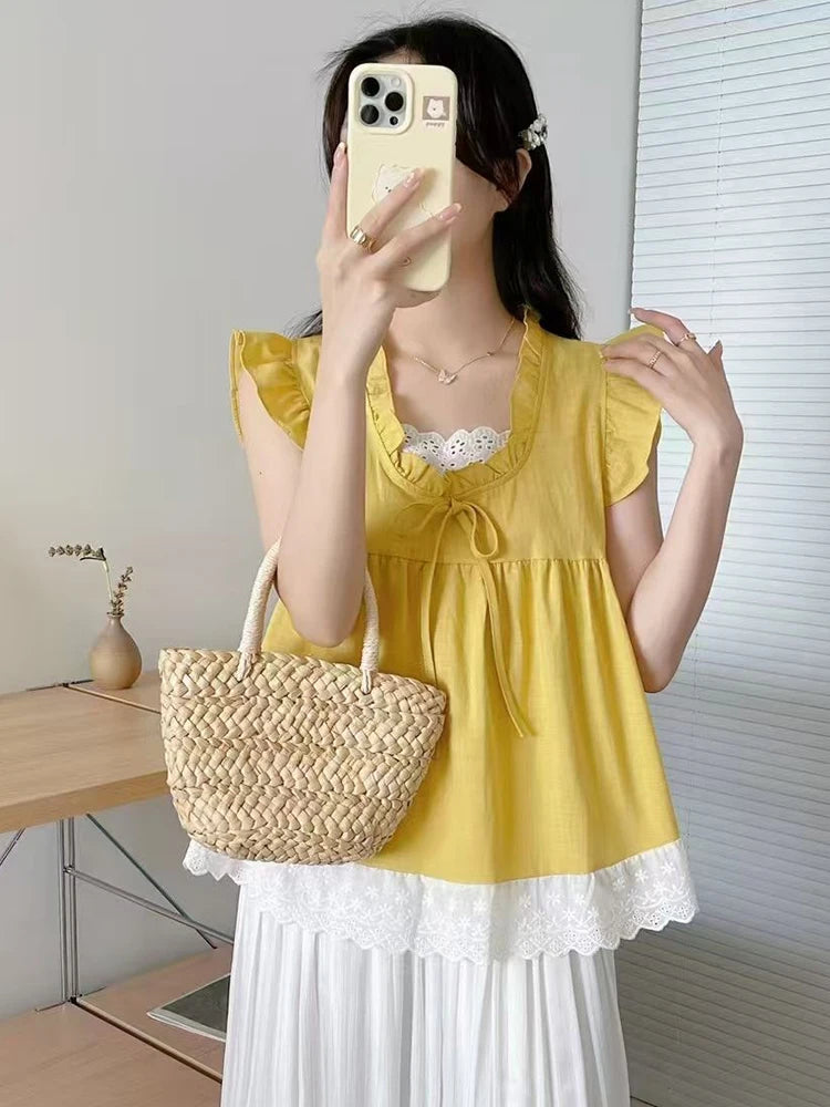 BXOXO Sweet Lace Patchwork Tanks Women Loose Flying Sleeve Elegant Tanks Tops Vintage Casual Female Korean Summer Retro Tops New