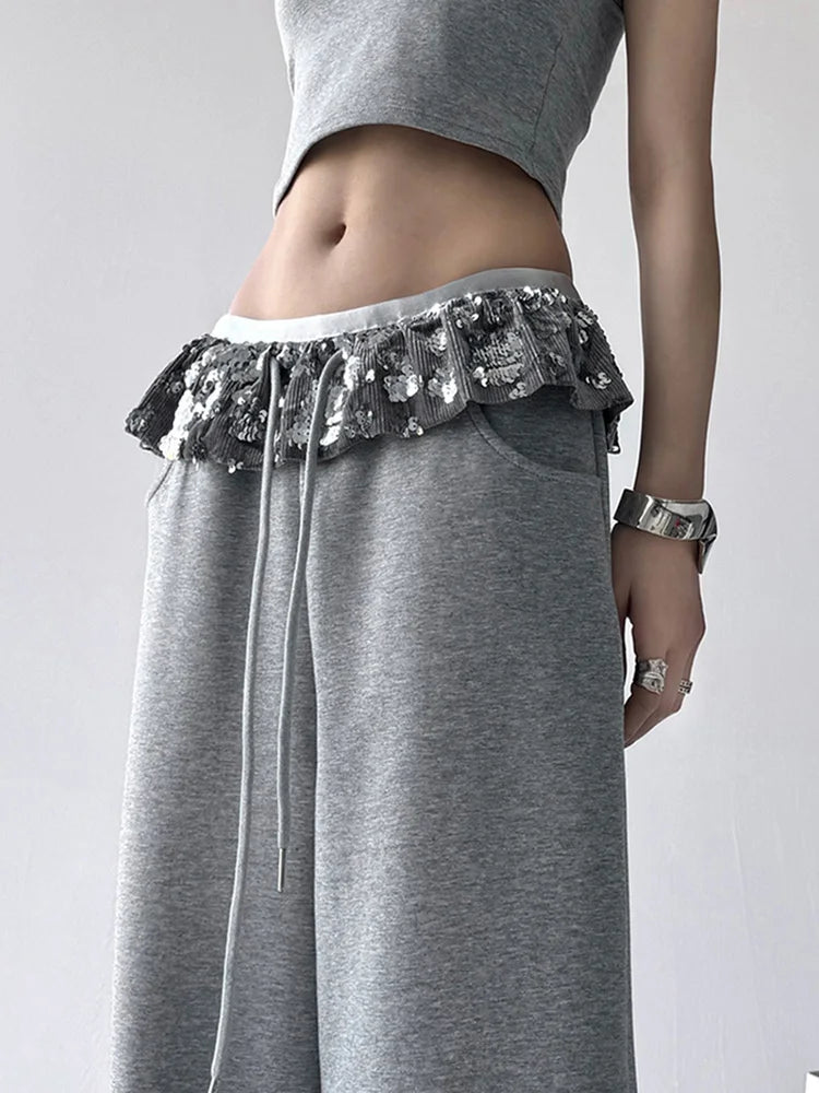Bxoxo Chic Bright Silk Patchwork Sweatpants Women Loose Streetwear High Waist Casual Pant Fashion Pockets Fall American Gray Trousers