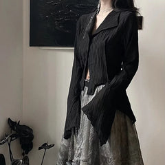 Bxoxo Gothic Women Black Shirts Korean Female Designed Irregular Tops Dark Academic Spring Fashion Streetwear Y2K Blouse New
