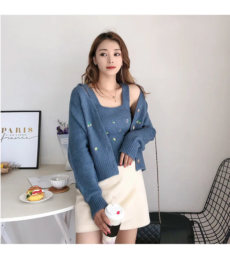 Bxoxo Two-piece Top Suit Flower Embroidered Knitted Korean Style Cardigan Autumn Fashion Sling Sweater Slim Sweet Jacket Sets