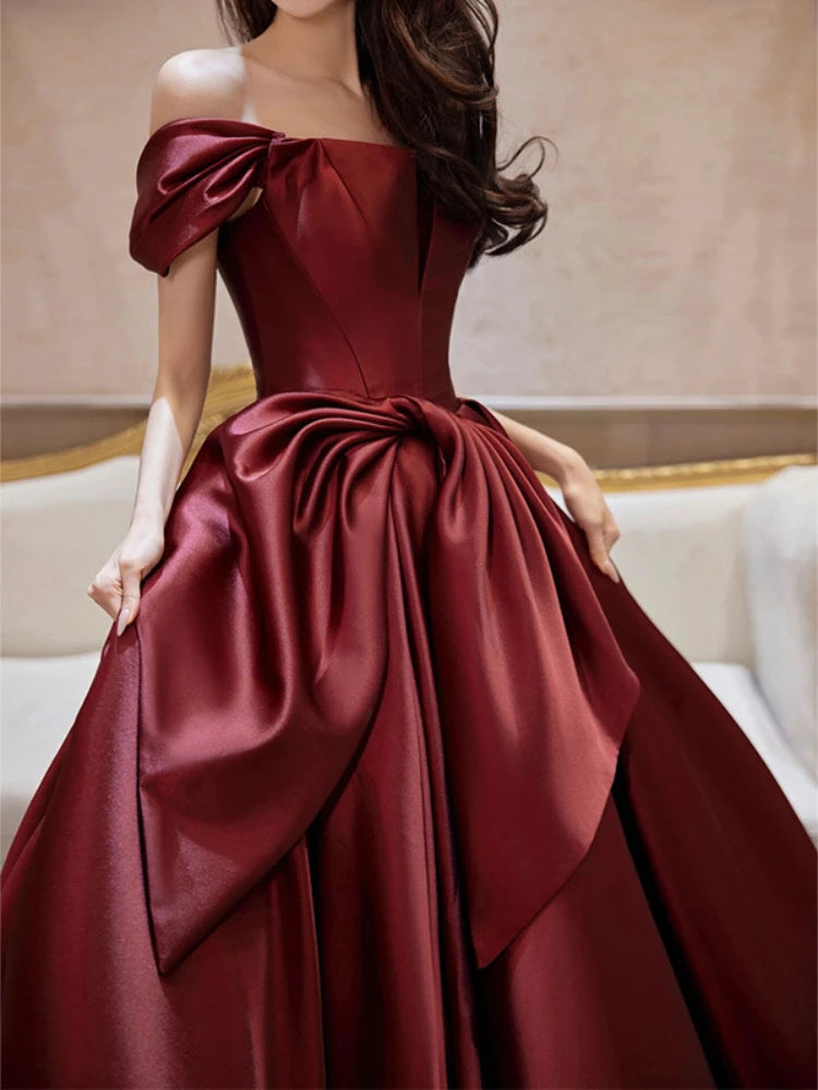 BXOXO Customized Fashion High End Slash Neck Big Swing Wedding Party Dresses Exquisite Satin A-line Tailing Gown Front Bow Back Straps