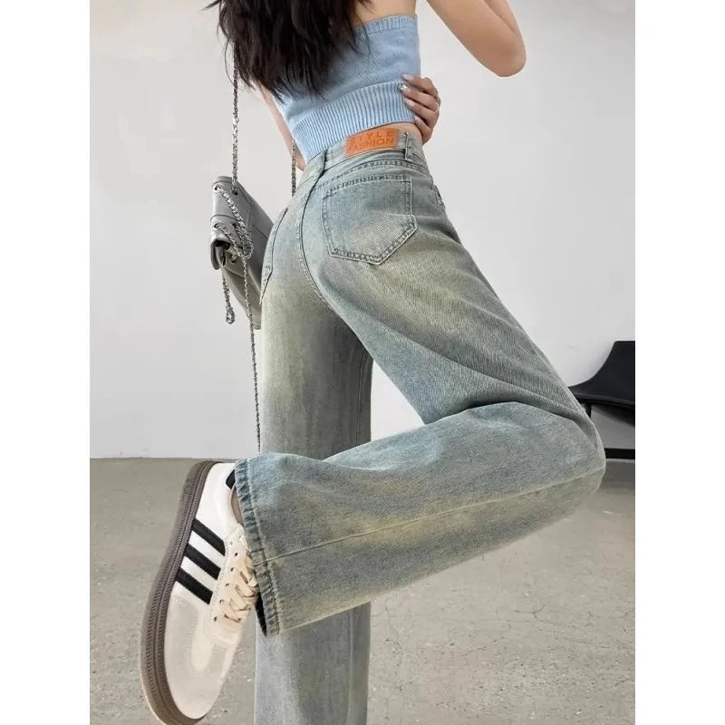 BXOXO Retro Distressed Wide Leg Jeans for Women New Spring/summer High Waist Loose Slim Straight Leg Pants Minimalist Blue Jeans