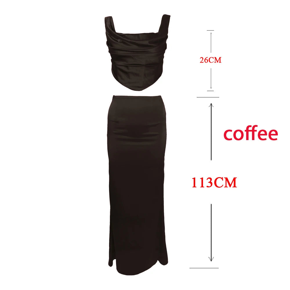 Bxoxo Wine Christmas Dress Women Satin 2 Piece Dress Set Elegant Bodycon Corset Cropped Top and Long Skirt Women Clothing