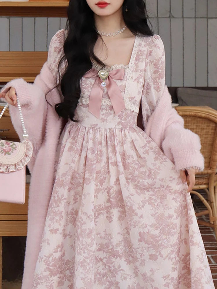 BXOXO Sweet Pink Princess Dress Women Vintage Floral Print Puff Sleeve Dress Female French Style Elegant Kawaii Lace Bow Long Dresses