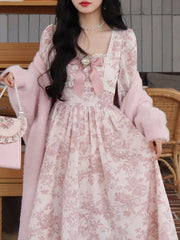 BXOXO Sweet Pink Princess Dress Women Vintage Floral Print Puff Sleeve Dress Female French Style Elegant Kawaii Lace Bow Long Dresses