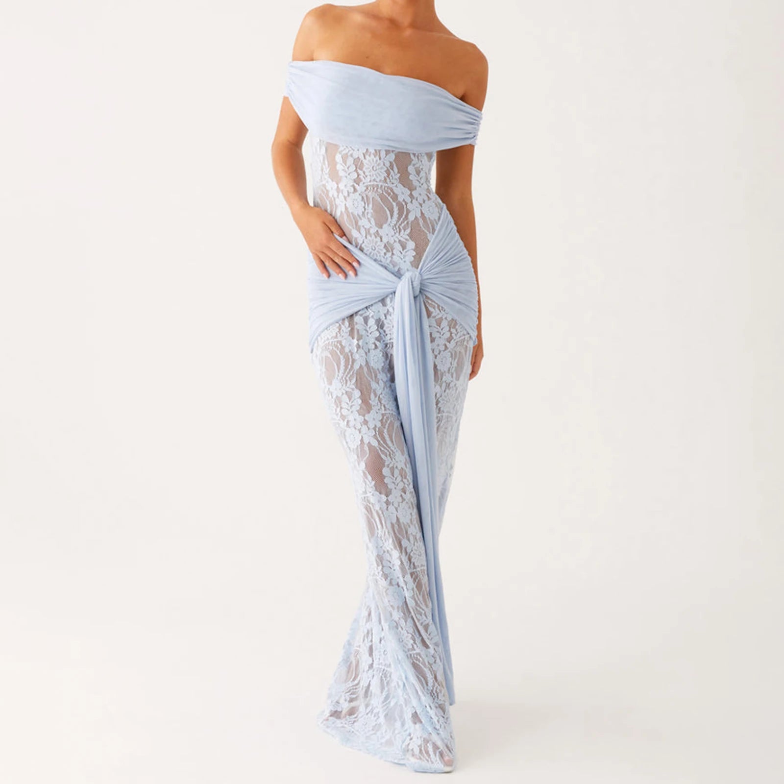 BXOXO Women Twist Maxi Dress Sexy Off Shoulder Lace Patchwork Knot Waistband Mesh Bodycon Long Dress Prom Cocktail Party