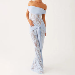 BXOXO Women Twist Maxi Dress Sexy Off Shoulder Lace Patchwork Knot Waistband Mesh Bodycon Long Dress Prom Cocktail Party