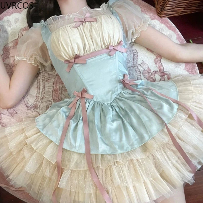 Bxoxo Victorian Sweet Lolita Dress Women Kawaii Bowknot Print Ruffles Party Mini Dresses Japanese Vintage Elegant Mesh Princess Dress