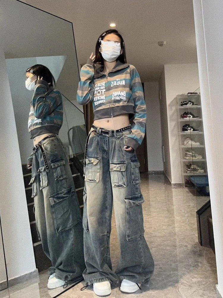Bxoxo American Streetwear Cargo Jeans Women Y2K 90S Retro High Waist Washing Loose Denim Trousers Hip Hop Pockets Wide Leg Pants
