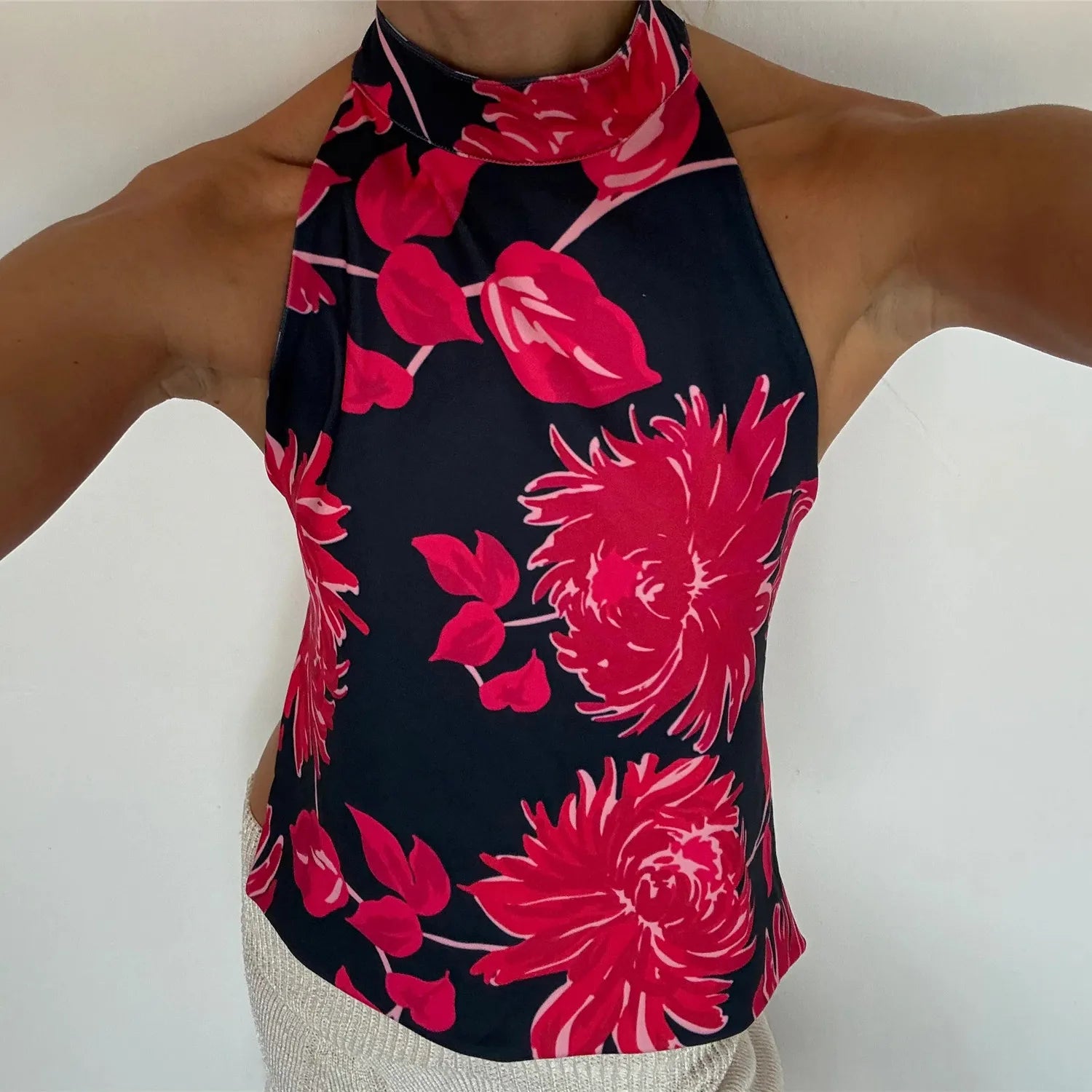 BXOXO Boho Graphic Print Backless Camis Women Y2k Halter Tank Top Vintage Sleeveless Tie Up Crop Top Summer Vest Streetwear