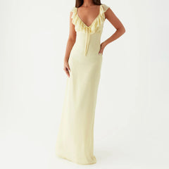 BXOXO Women Ruffle Trim Cami Dress Slim Solid Color Deep V Neck Open Back Tie Long Evening Dress for Party Clubwear