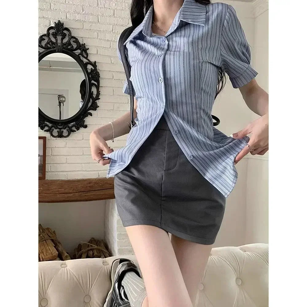 Bxoxo Stripe Short-sleeved Shirt American College Style Waist Cinched Shirt for Women Summer Fashion Spicy Girl JK Short Sleeved Top