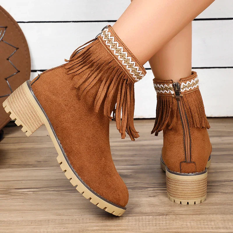BXOXO Womens Fashion Embroidered Ankle Boots Comfort Thick Wedge Heel Zipper Tassel Faux Suede Short Boots Cowboy Cowgirl Shoes 2024