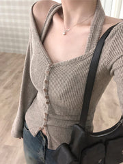 Bxoxo Fashion 2 Piece Set Women’s Halter Top Tee Long Sleeves Korean Style Office Lady Simple All-Match Blouses