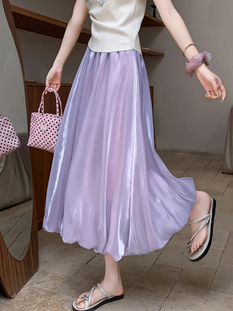 Bxoxo Elegant Stain White Long Skirt Women High Waist Fashion Korean Sweet Skirts Casual Design Summer Gown Ball Long Skirts New