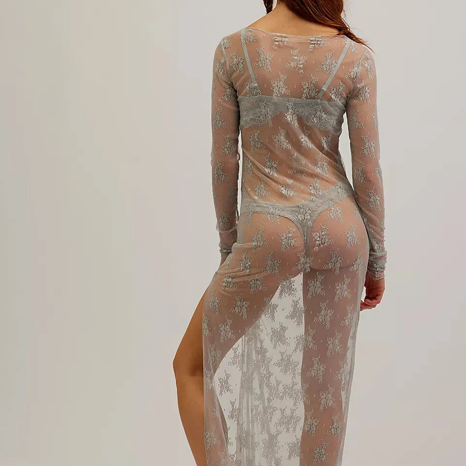 BXOXO Womens Y2K Sheer Lace Maxi Dress Long Sleeve See Through Mesh Floral Lace Split Bodycon Dress Beach Coverups Party Dress
