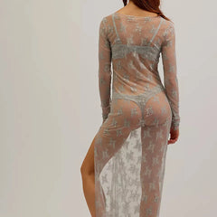 BXOXO Womens Y2K Sheer Lace Maxi Dress Long Sleeve See Through Mesh Floral Lace Split Bodycon Dress Beach Coverups Party Dress
