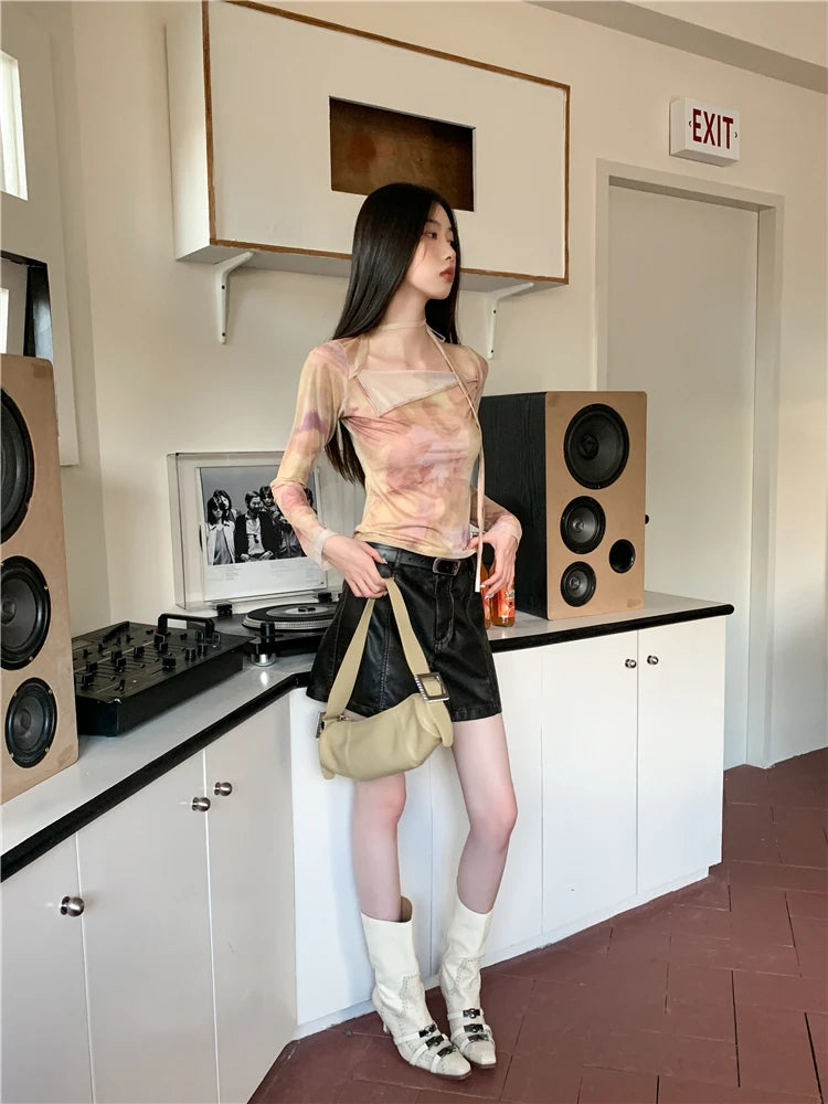 BXOXO Vintage Tie Dye T Shirt Women Flare Sleeve Mesh Tops Irregual Y2k Retro Crop Tops Streetwear Japanese 2000s Tshirts
