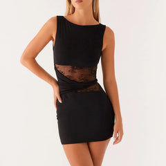BXOXO Women Sexy Lace Patchwork Mini Dress Sleeveless Slim Fit Cut Out Short Dress Y2K Elegant Cocktail Party Sundress