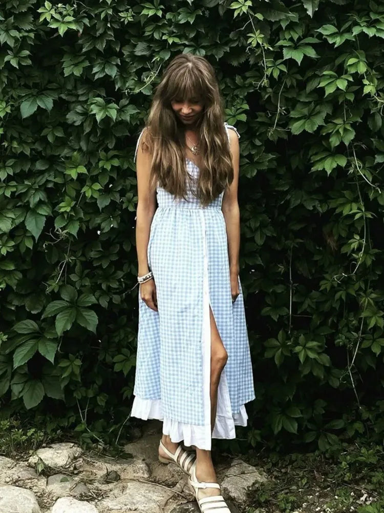BXOXO Chic Sexy Single Breasted Plaid Blue Summer Women Dress Spaghetti Strap Midi Casual Female Vestidos Cotton Slip Dress New
