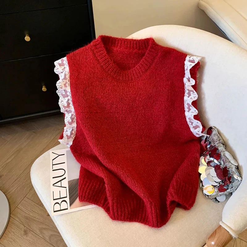 Bxoxo Lace Patchwork Sweet Sweater Vest Women Vintage O Neck Casual Knitted Tops Korean Preppy Style Lady Lazy Wing Cute Vest New
