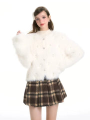 Bxoxo Sweet Faux Mink Fleece Cardigan Sweater Women Korean Chic Beading Thick Fur Coat Y2K Korean Loose Long Sleeve Hairy Sweater New