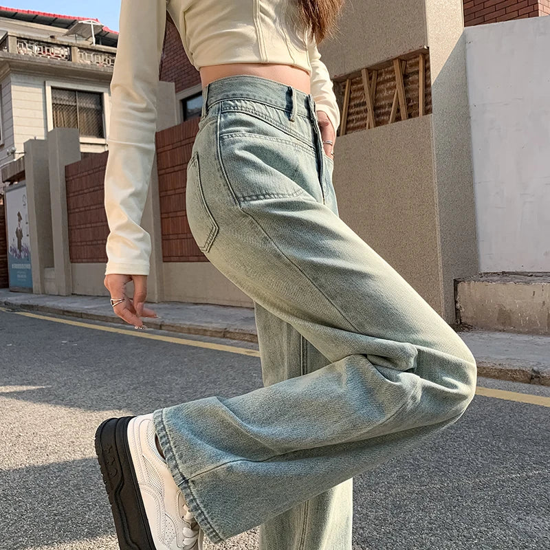 BXOXO High Waisted Straight Women's Jeans Y2K Cotton Casual Fashion Street Retro Women Denim Clothing Loose Wide Leg Pants Trousers