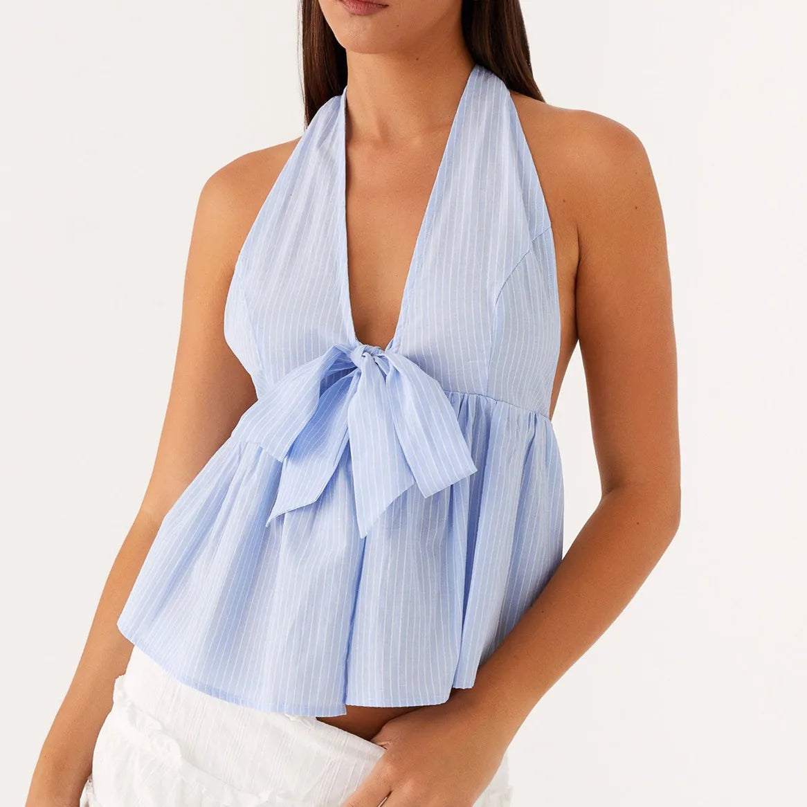 BXOXO Women Bow Front Striped Sexy Tie Halter Top Deep V Neck Backless Sleeveless Peplum Tank Tops Y2k Summer Going Out Tops