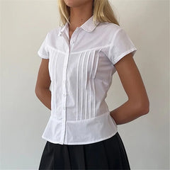 BXOXO Women Coquette Short Sleeve Button Up Shirt Y2K Preppy Vintage Tie Waist Lapel Tshirt Aesthetic Crop Top Streetwear
