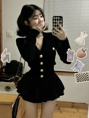 BXOXO Korean Fashion V-nck Long Sleeve Black Knitted Cardigan+ Y2k E-Girl High Waist Ruched Short Skirts 2025 New Two Piece Sets