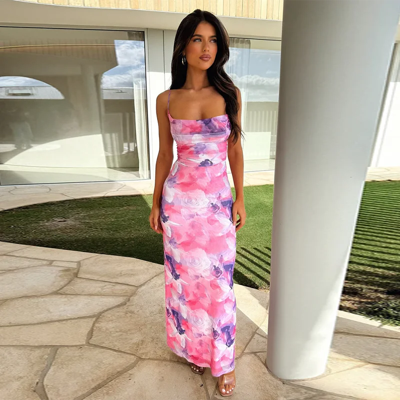 BXOXO Women's Elegant Directional Design Dress 2024 New Printed Pocket Neck Halter Dress Long Dress