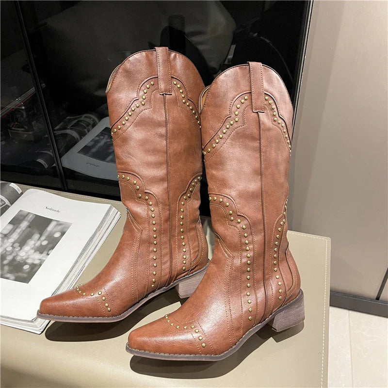 BXOXO Studded Boots Women Low Heel Cowboy Chelsea Western Short Leather Knee High Luxury Designer Gothic New Rock Shoes Vintage