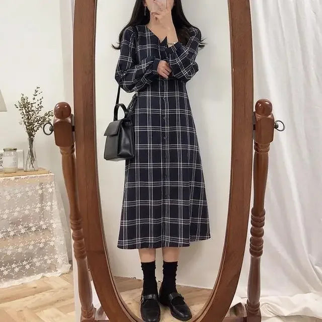 Bxoxo Vintage Plaid Dresses for Women Autumn Winter Full Spring 2025 Elegant Luxury Korean Fashion A Line G X Woman Long Sleeve Dress