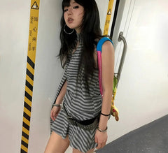BXOXO Y2k Aesthetics Halter Dress Japanese 2000s Style Grey Striped Short Dress Vintage Harajuku Backless Mini Dress Grunge