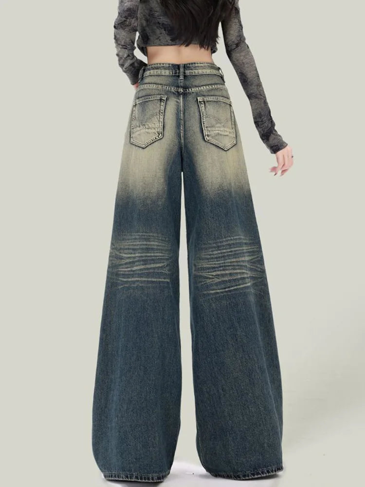 Bxoxo Women Streetwear Retro Jeans Loose High Waist Y2K Denim Pants Casual American Harajuku Fall Female Pockets Wide Leg Trousers New