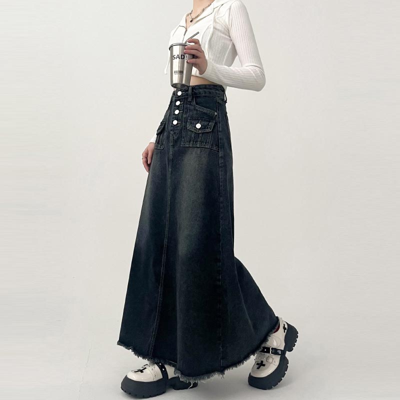 BXOXO High-waisted Cargo Denim Skirt Women's Autumn Long A-line Mid-length Skirt  Retro Raw Edge Y2k Female Clothing Korean Style