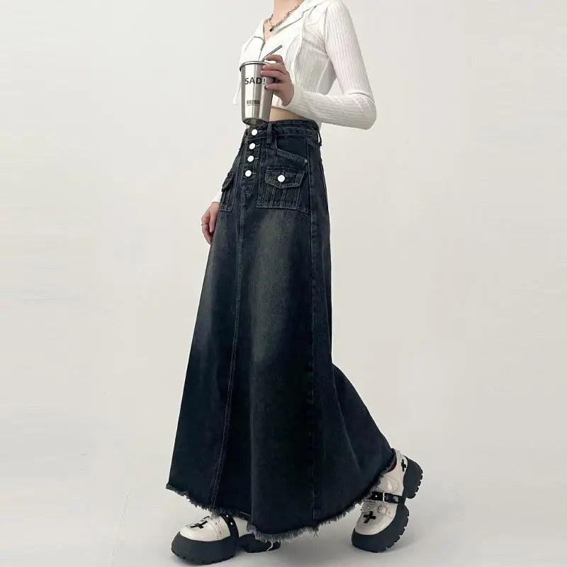 BXOXO High-waisted Cargo Denim Skirt Women's Autumn Long A-line Mid-length Skirt  Retro Raw Edge Y2k Female Clothing Korean Style