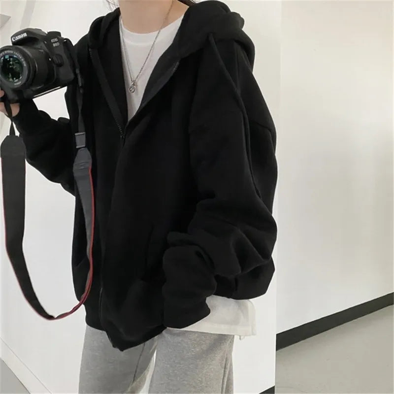 BXOXO Women Hoodies Solid Color Zip Up Pocket Oversized Harajuku Korean Sweatshirts Female Long Sleeve Hooded Streetwear Casual Top