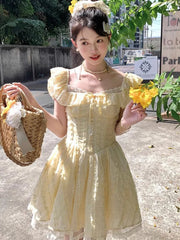 BXOXO Sweet Sexy Slim Yellow Dress Women Fashion Lace Patchwork Cute Mini Dress Chic Square Collar Puffy Sleeve Elegant Vestidos