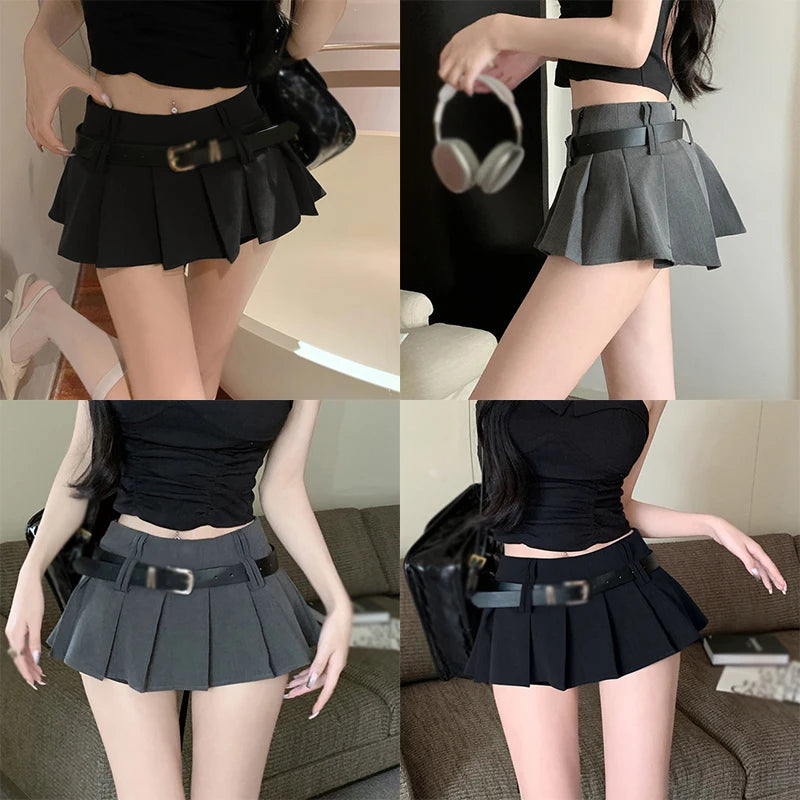 BXOXO Women's High Waist Short Skirt Sexy and Fashionable Spicy Girl A-line Pleated Skirt with Belt Half length Skirt