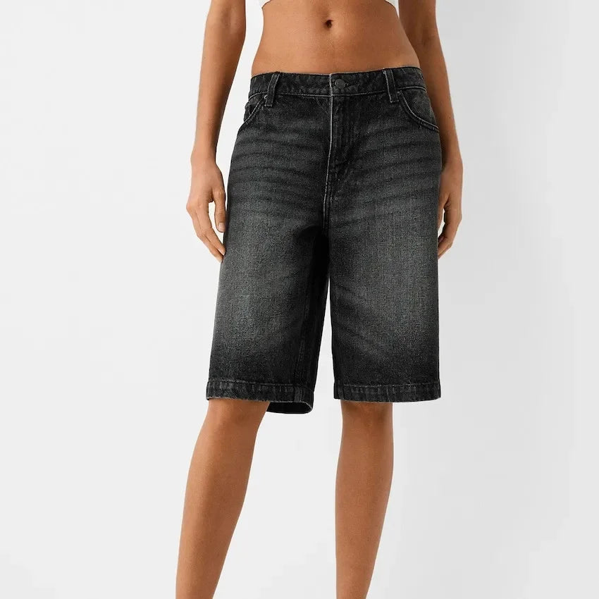BXOXO Women Y2k Bermuda Denim Shorts Low Rise Wide Leg Knee Length Carpenter Long Jean Shorts Summer Cow Girl Baggy Jorts