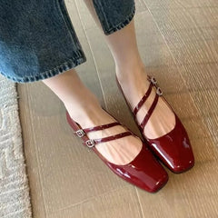 BXOXO Women's Flats Patent Leather Mary Janes Shoes Square Toe Double Buckle Designer Shoes Black Red Low Heels Female Autumn