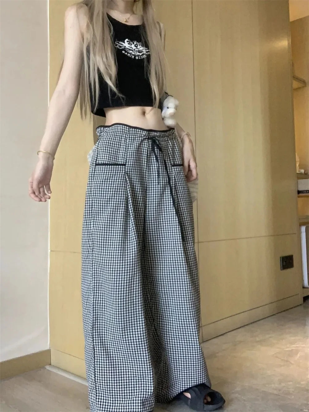 Bxoxo Plaid Ruffled Black Pants Women High Waist Kawaii Coquette Japanese Sweet Style Cute Wide Leg Trousers Harajuku Pant Vintage Y2k