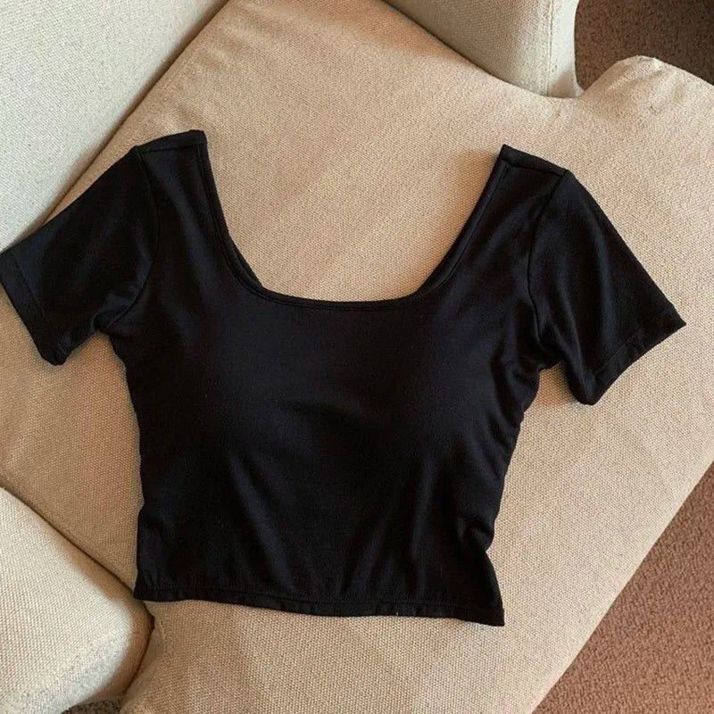Bxoxo Cotton Square Neck T-Shirt Women Summer Solid Korean Casual Slim Crop Tops Female Fashion Streetwear Simple Basic All-Match Tees