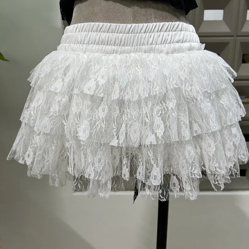 BXOXO Fashion Two Piece Set Irregular Lace Top + High Waisted Fluffy Skirt Solid Color Female Elegant Birthday Dress New 3QW1065