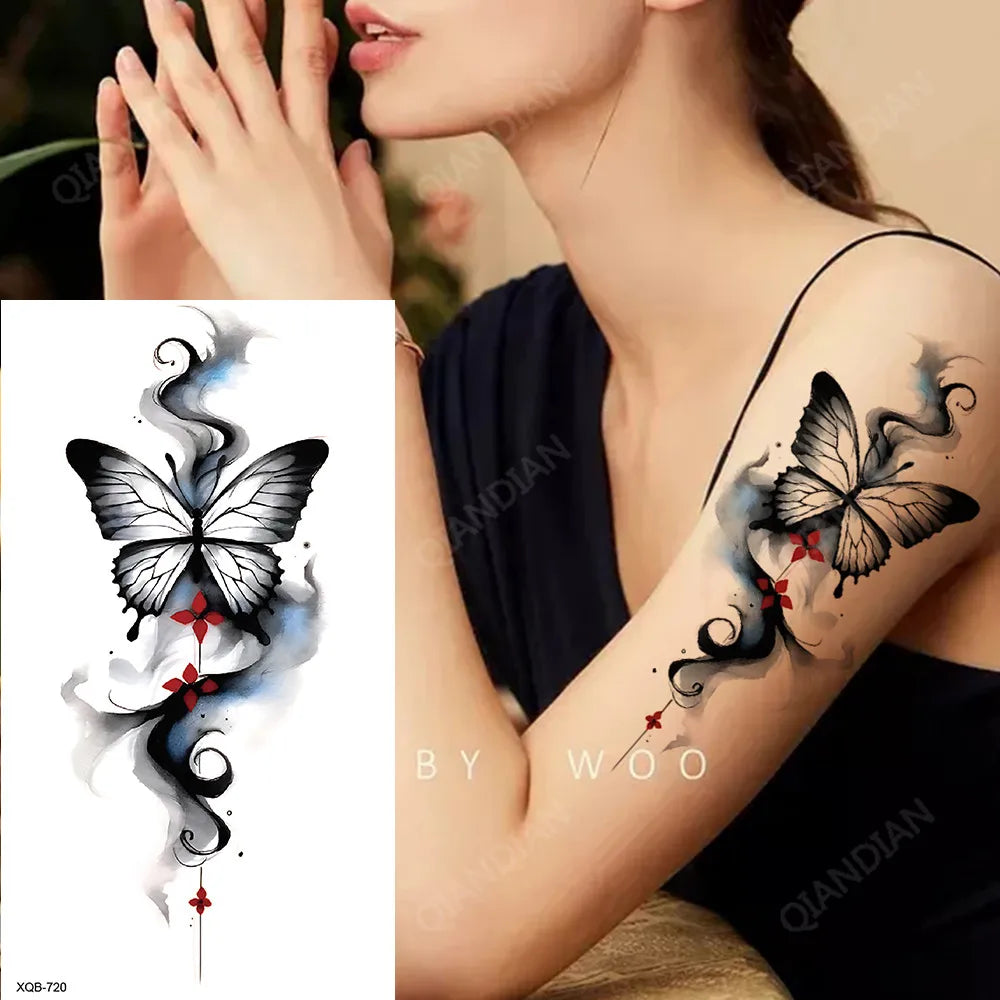 BXOXO Black Flower Waterproof Temporary Tattoo Sticker Beauty Butterfly Rose for Women 3D Flash Body Arm Art Washable Fake Tattoos