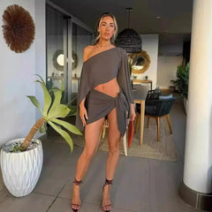 BXOXO Women Fashion Solid 2 Piece Set Summer Sexy Diagonal Neck Pagoda Sleeve Short Top Lace Up Skirt Set Casual Beach Vacation Outfit