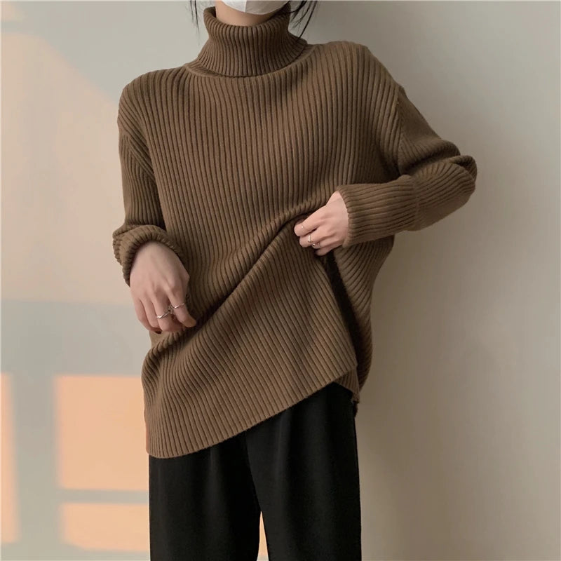 Bxoxo Turtleneck Sweater for Women Autumn Winter Thick Loose Lazy Style Casual Pullover Korean Solid Simple Office Lady Warm Jumper