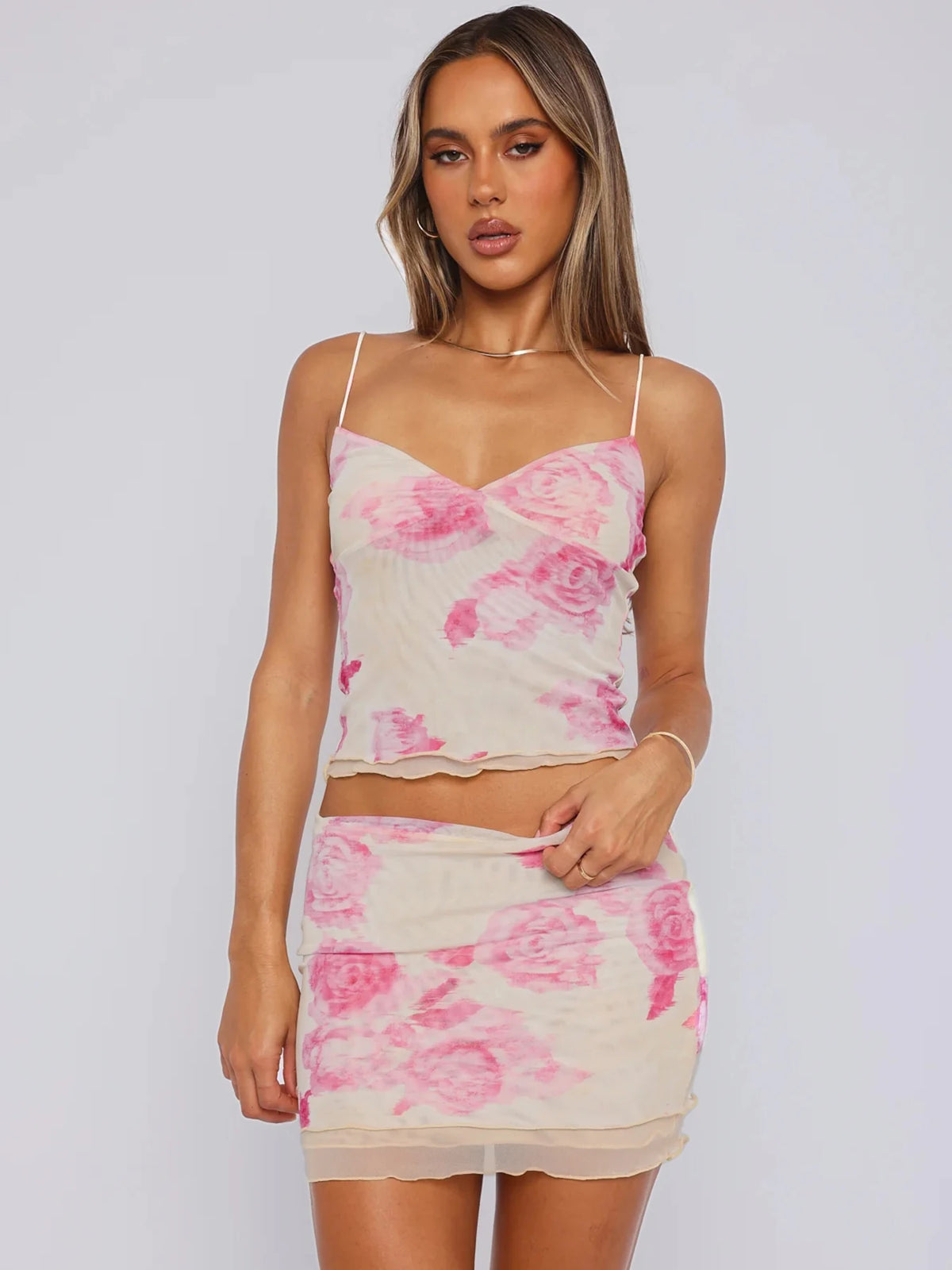 BXOXO 2 Piece Floral Print Halter Vacation Low Waisted Mini Skirt Set Y2k Fashion Camisole Korean Style Women's Clothes
